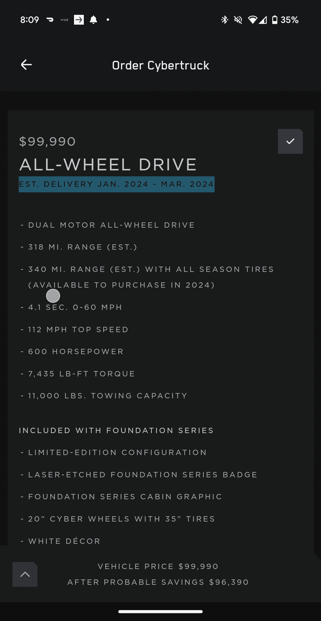 Tesla Cybertruck Foundation Series AWD vs Tri-Motor Cyberbeast delivery timeline Screenshot_20240101-200929