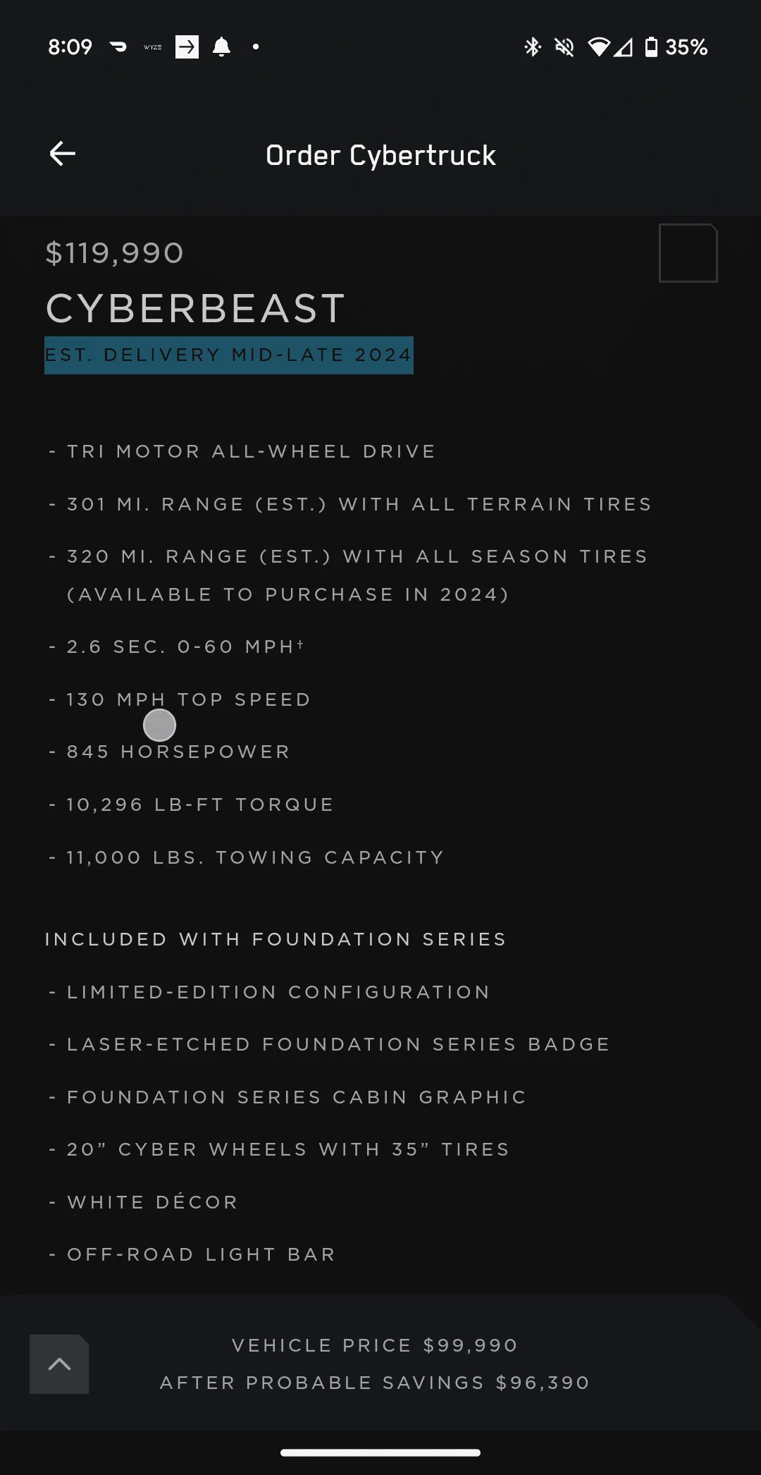 Tesla Cybertruck Foundation Series AWD vs Tri-Motor Cyberbeast delivery timeline Screenshot_20240101-200938