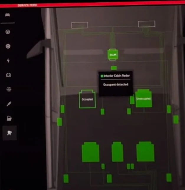 Tesla Cybertruck Cybertruck UI Service Mode screen captures from Out of Spec Reviews YT vid Service Mode - S4 safety - interior cabin radar - Tesla Cybertruck Full Tour! Exposing All D