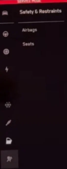 Tesla Cybertruck Cybertruck UI Service Mode screen captures from Out of Spec Reviews YT vid Service Mode - S1 safety and restraints menu - Tesla Cybertruck Full Tour! Exposing All Detai