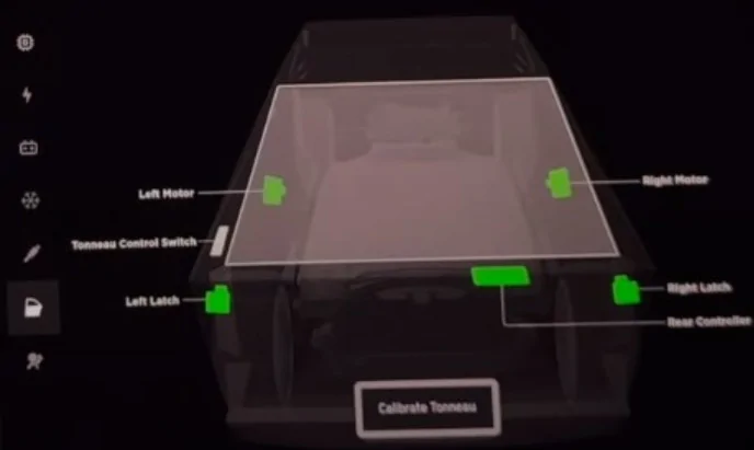 Tesla Cybertruck Cybertruck UI Service Mode screen captures from Out of Spec Reviews YT vid Service Mode - C4 Closures - tonneau cover - Tesla Cybertruck Full Tour! Exposing All Details