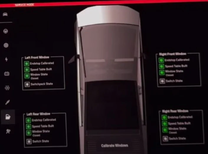 Tesla Cybertruck Cybertruck UI Service Mode screen captures from Out of Spec Reviews YT vid Service Mode - C2 Closures - windows - Tesla Cybertruck Full Tour! Exposing All Details - Ser