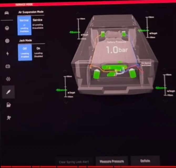 Tesla Cybertruck Cybertruck UI Service Mode screen captures from Out of Spec Reviews YT vid Service Mode - S2 suspension - Tesla Cybertruck Full Tour! Exposing All Details - Service Mod