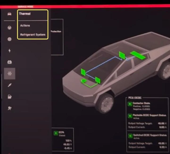 Tesla Cybertruck Cybertruck UI Service Mode screen captures from Out of Spec Reviews YT vid Service Mode - T1 Thermal menu - Tesla Cybertruck Full Tour! Exposing All Details - Service M