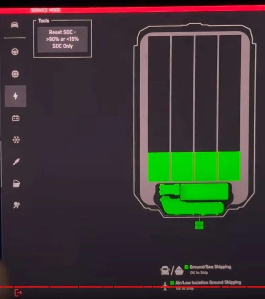 Tesla Cybertruck Cybertruck UI Service Mode screen captures from Out of Spec Reviews YT vid Service Mode - B2 battery reset SOC n shipping - Tesla Cybertruck Full Tour! Exposing All Det