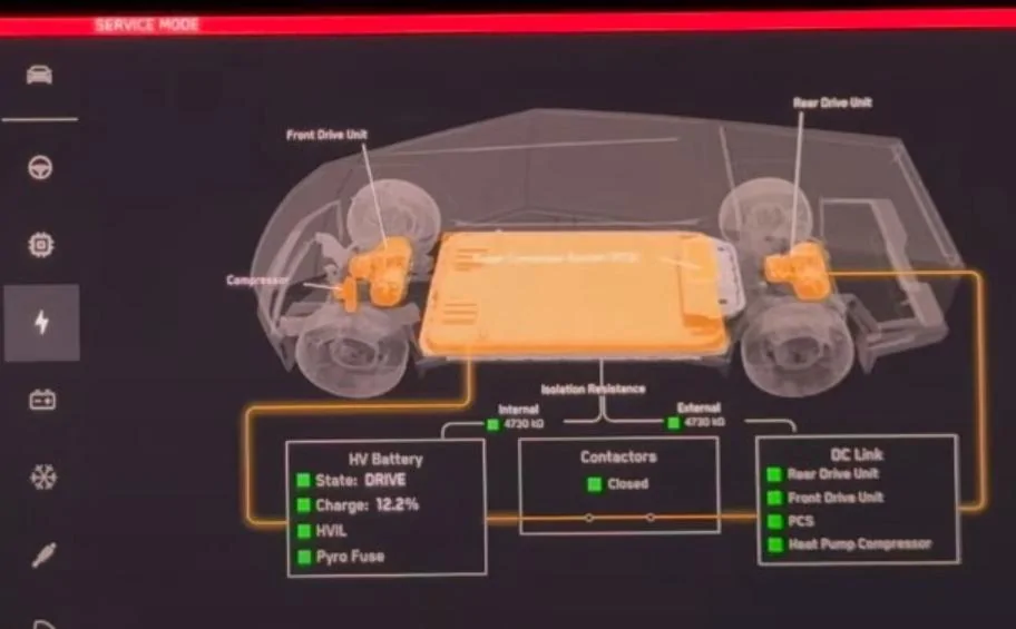 Tesla Cybertruck Cybertruck UI Service Mode screen captures from Out of Spec Reviews YT vid Service Mode - B3 battery - Tesla Cybertruck Full Tour! Exposing All Details - Service Mode, 