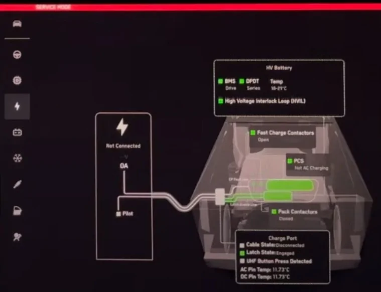 Tesla Cybertruck Cybertruck UI Service Mode screen captures from Out of Spec Reviews YT vid Service Mode - H4 High Voltage - HV battery - Tesla Cybertruck Full Tour! Exposing All Detail