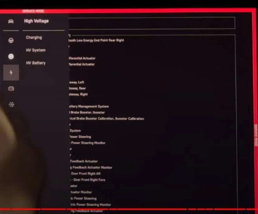 Tesla Cybertruck Cybertruck UI Service Mode screen captures from Out of Spec Reviews YT vid Service Mode - H1 High Voltage menu - Tesla Cybertruck Full Tour! Exposing All Details - Serv