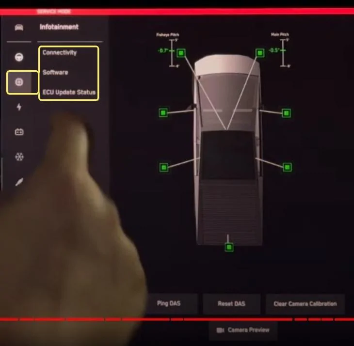 Tesla Cybertruck Cybertruck UI Service Mode screen captures from Out of Spec Reviews YT vid Service Mode - I1 Infotainment menu - Tesla Cybertruck Full Tour! Exposing All Details - Serv