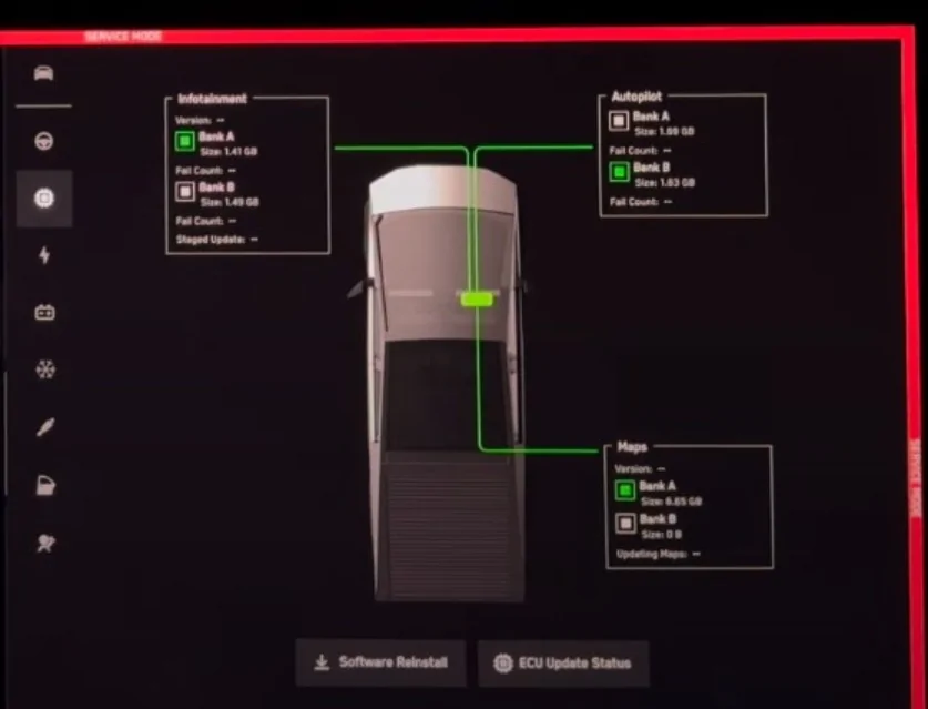 Tesla Cybertruck Cybertruck UI Service Mode screen captures from Out of Spec Reviews YT vid Service Mode - I2 Infotainment - software - Tesla Cybertruck Full Tour! Exposing All Details 