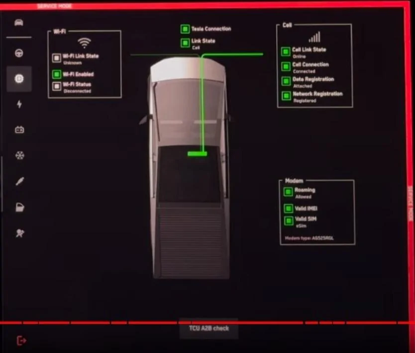 Tesla Cybertruck Cybertruck UI Service Mode screen captures from Out of Spec Reviews YT vid Service Mode - I3 Infotainment - connectivity - Tesla Cybertruck Full Tour! Exposing All Deta