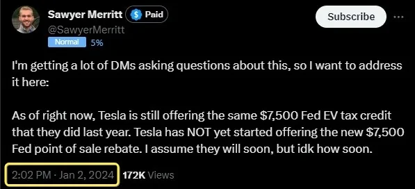 Tesla Cybertruck CT does or does not qualify for the $7,500 Federal Tax Credit as of 1/1/24? F9RJGMT