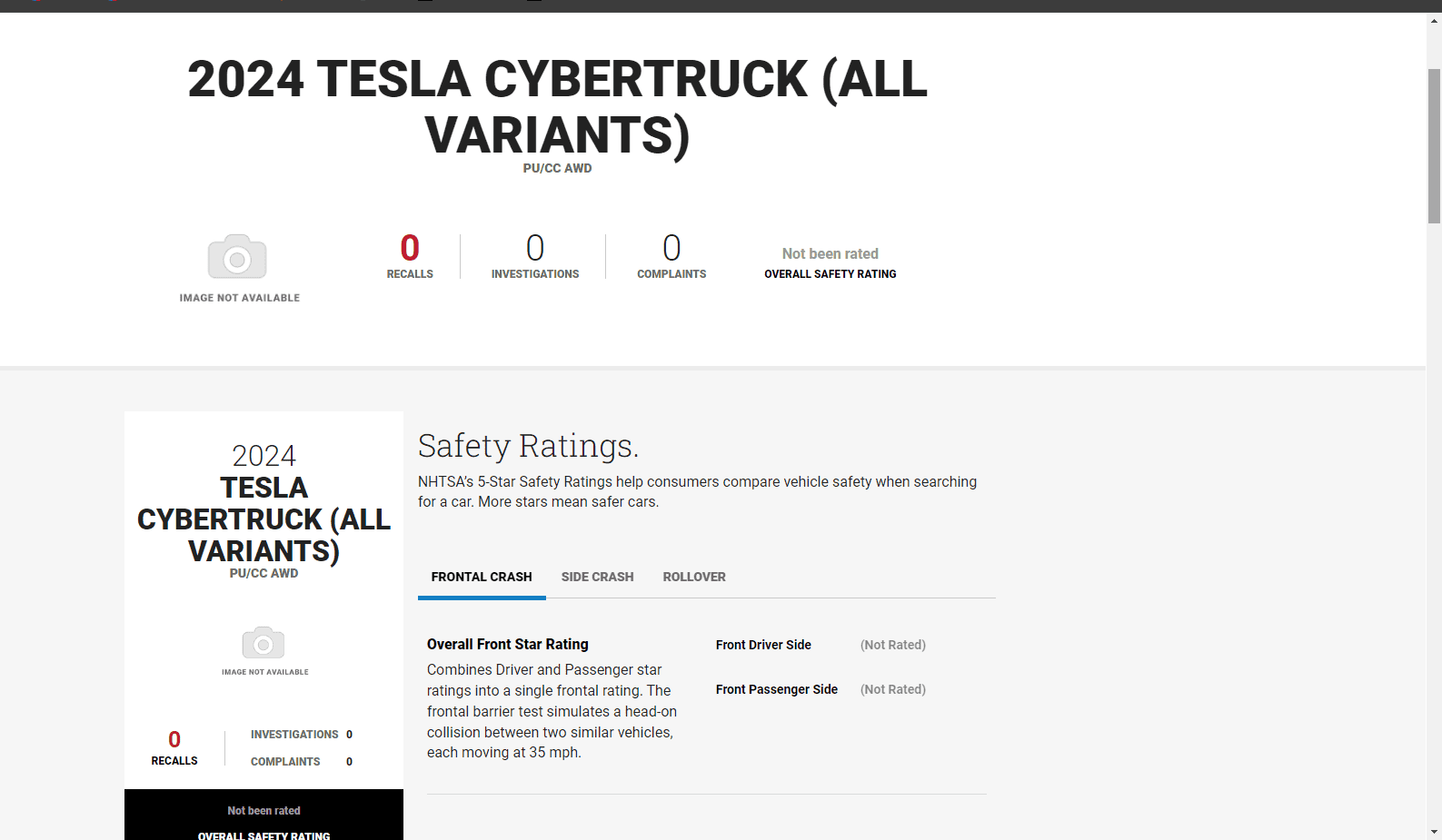 Tesla Cybertruck Tesla Cybertruck shows up on the NHTSA's crash test rating site 1704415404156