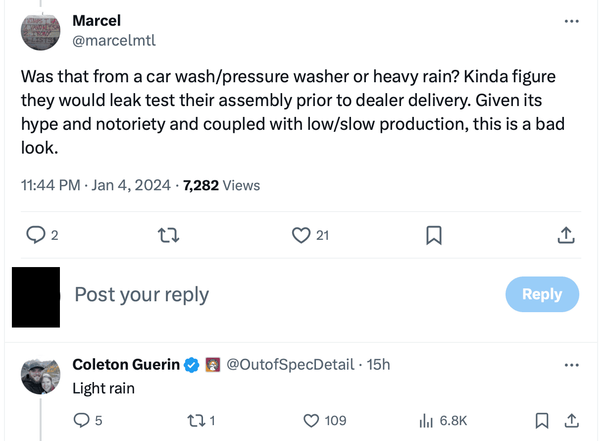 Tesla Cybertruck Cybertruck vault leak in rain: a bit disappointing Screenshot 2024-01-05 at 15.41.36