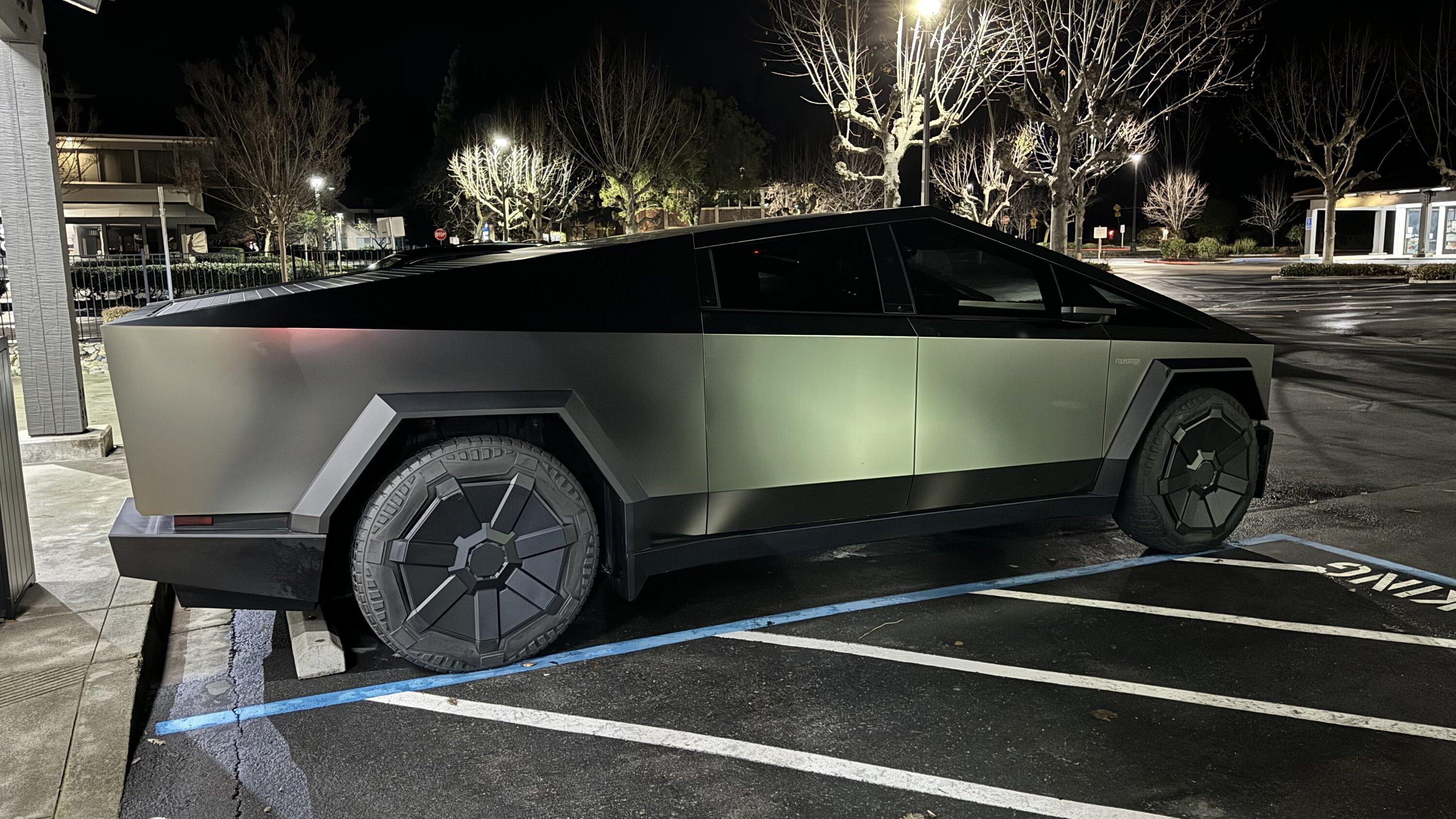 Tesla Cybertruck Molle Bed Divider + Bed Lights put to use at night cybertruck molle divider bed lights3