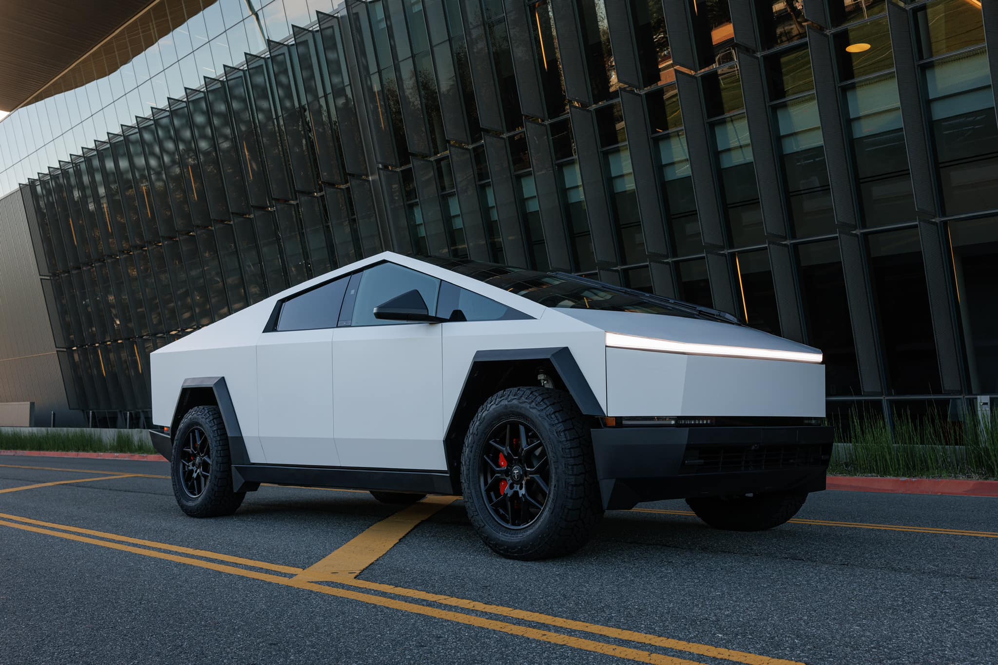 Tesla Cybertruck Satin White Cybertruck Wrap! With Aftermarket 20" TCT Flow Forged Wheels + Falken Wildpeak AT4/W Tires satin-white-wrap-cybertruck-4-