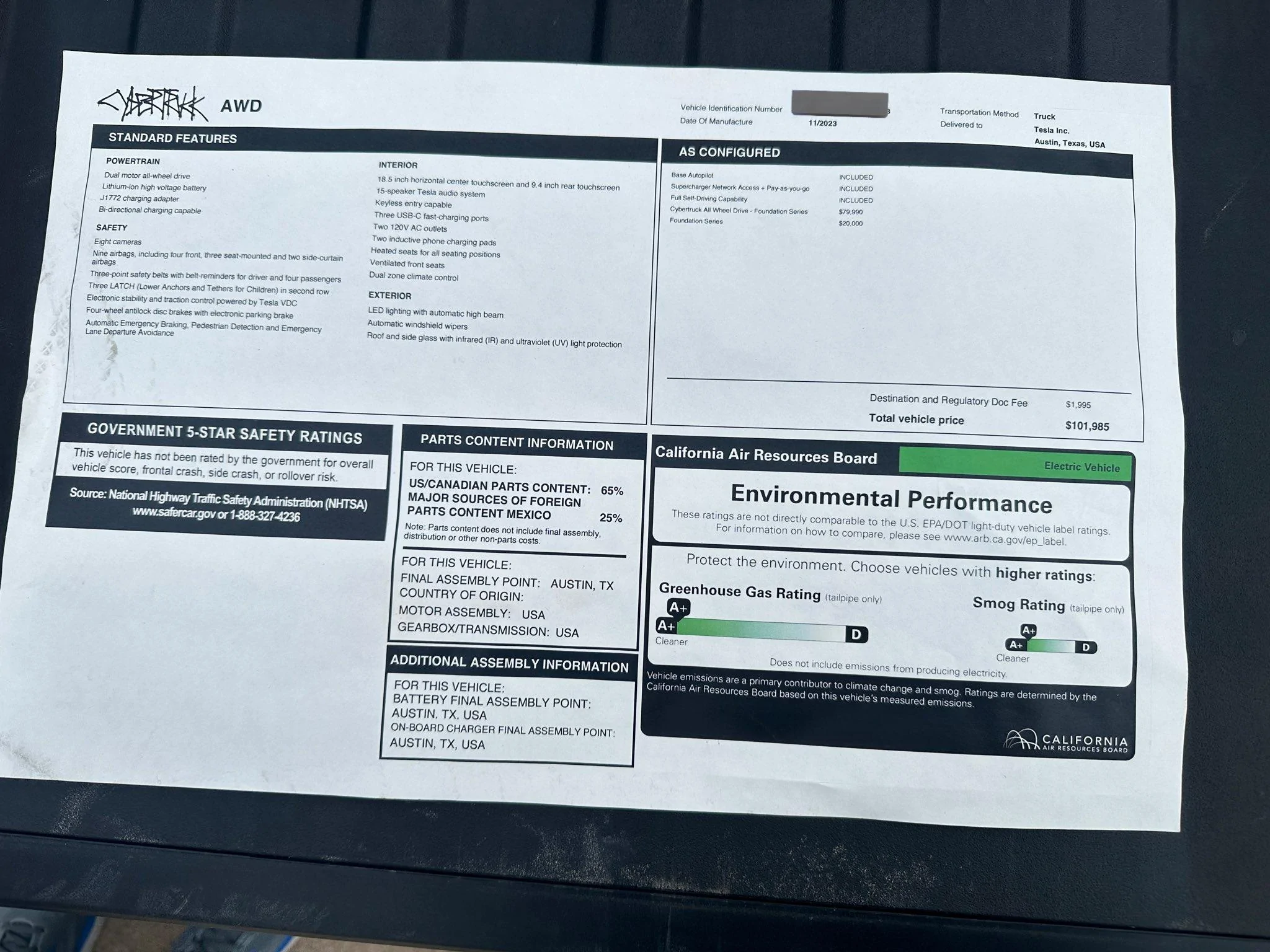 Tesla Cybertruck Another Monroney Window Sticker: Cybertruck Dual Motor AWD, shows date of manufacture 2024 Cybertruck monroney window sticker dual-motor AWD