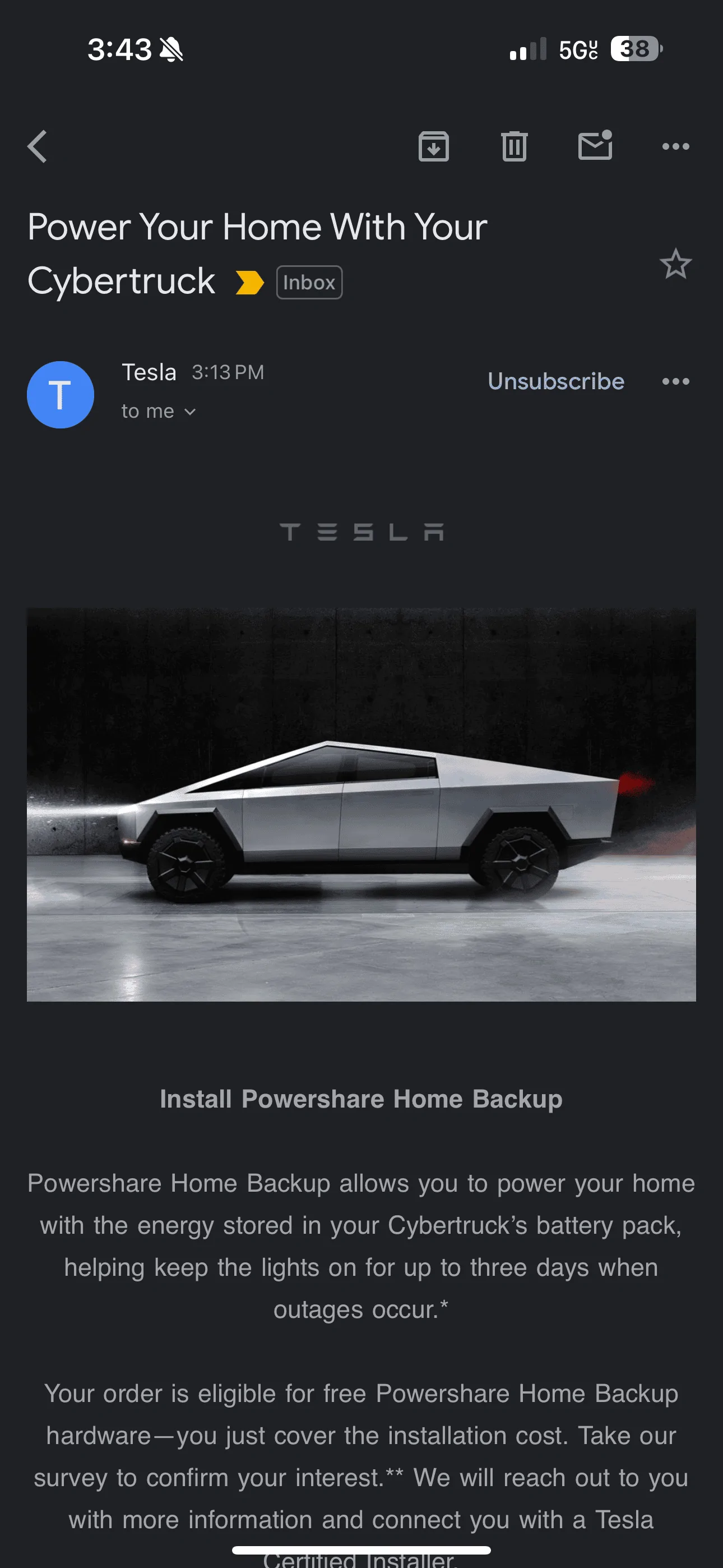 Tesla Cybertruck 2nd Install PowerShare Home backup email. IMG_7329