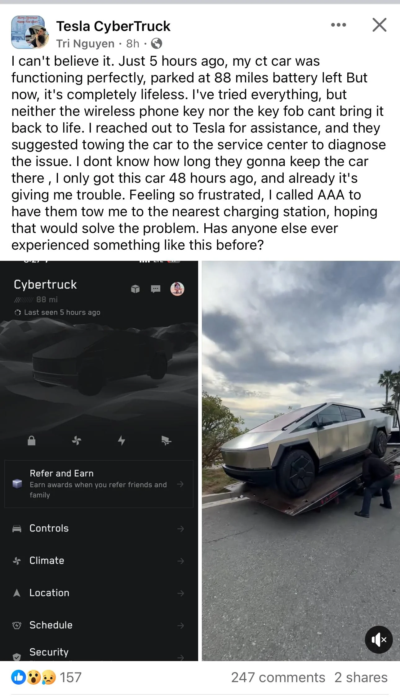 Tesla Cybertruck Cybertruck battery unexpectedly dies, requires towing, wont charge IMG_3106