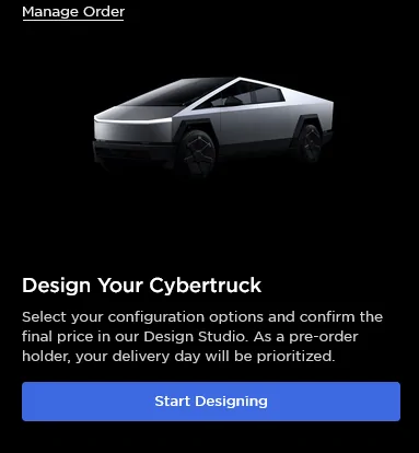 Tesla Cybertruck We have invite to order, but don't want the Limited-Edition Foundation Series Manage Order_Start Designing
