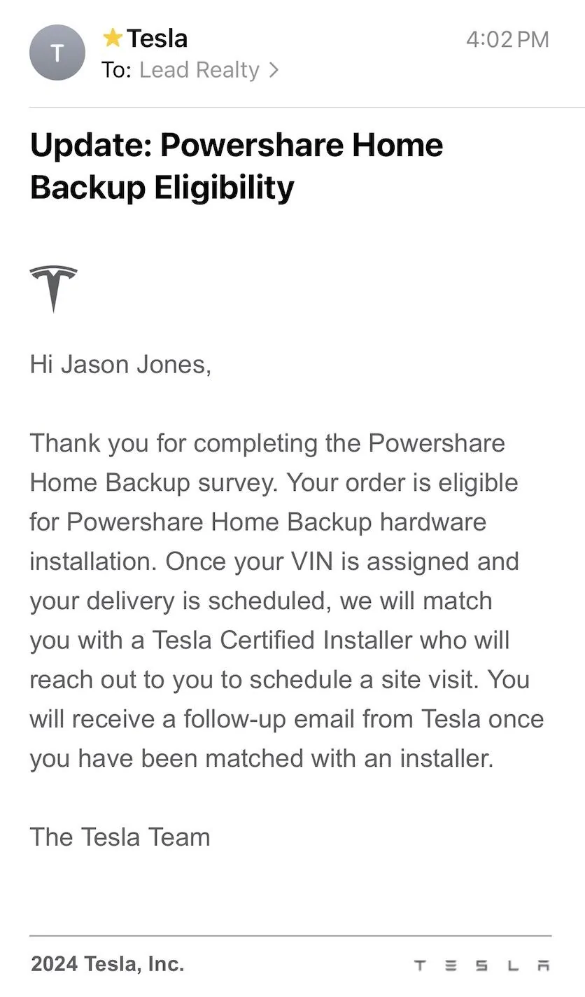 Tesla Cybertruck Powershare Home Backup eligibility email received today 1/29/24 Image 1-29-24 at 5.06 PM