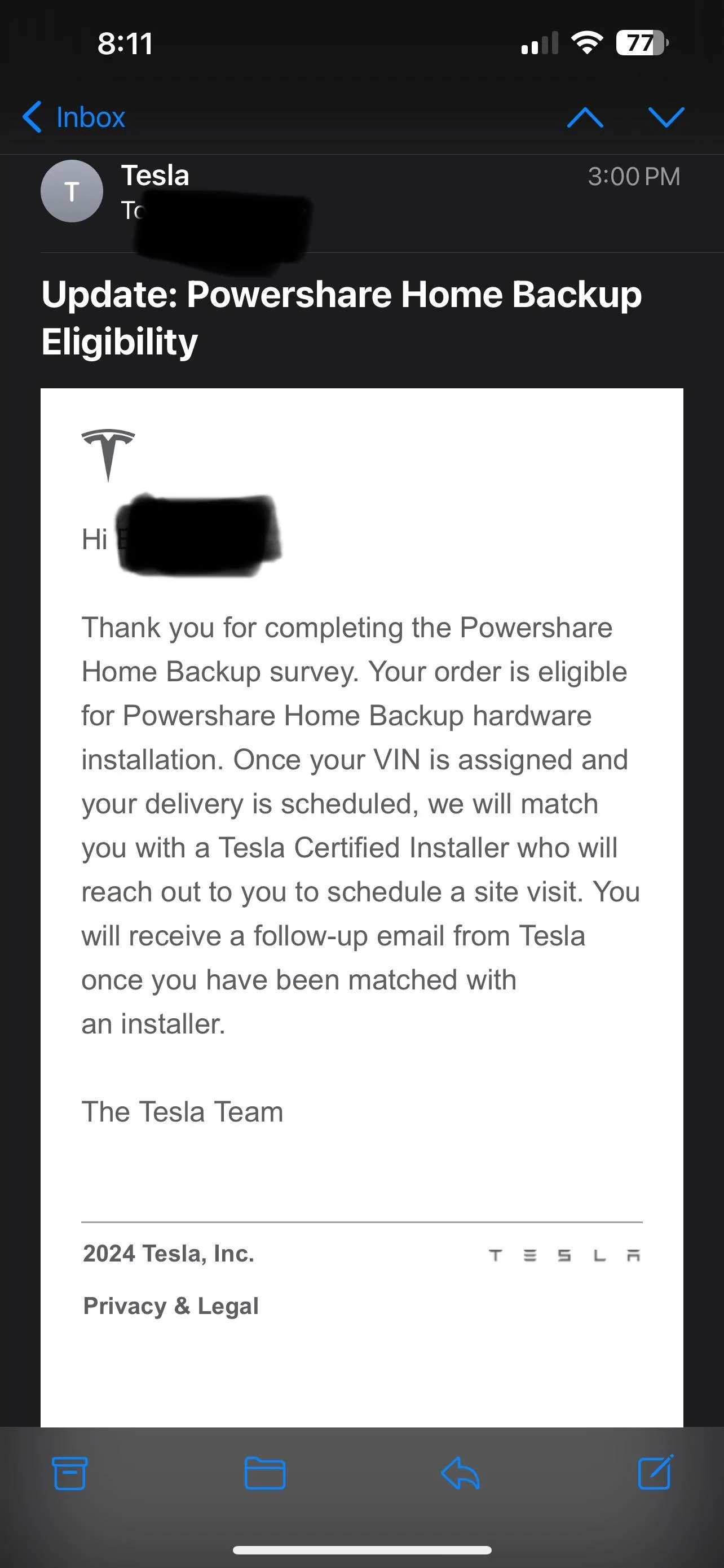 Tesla Cybertruck Powershare Home Backup eligibility email received today 1/29/24 IMG_3668