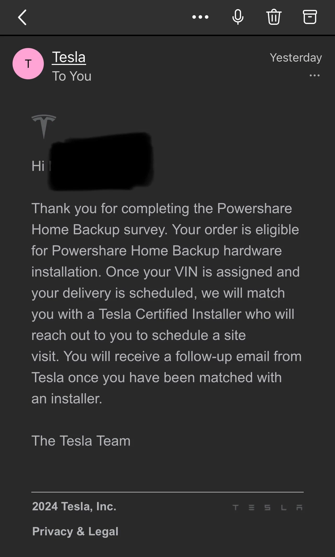 Tesla Cybertruck Powershare Home Backup eligibility email received today 1/29/24 IMG_8596