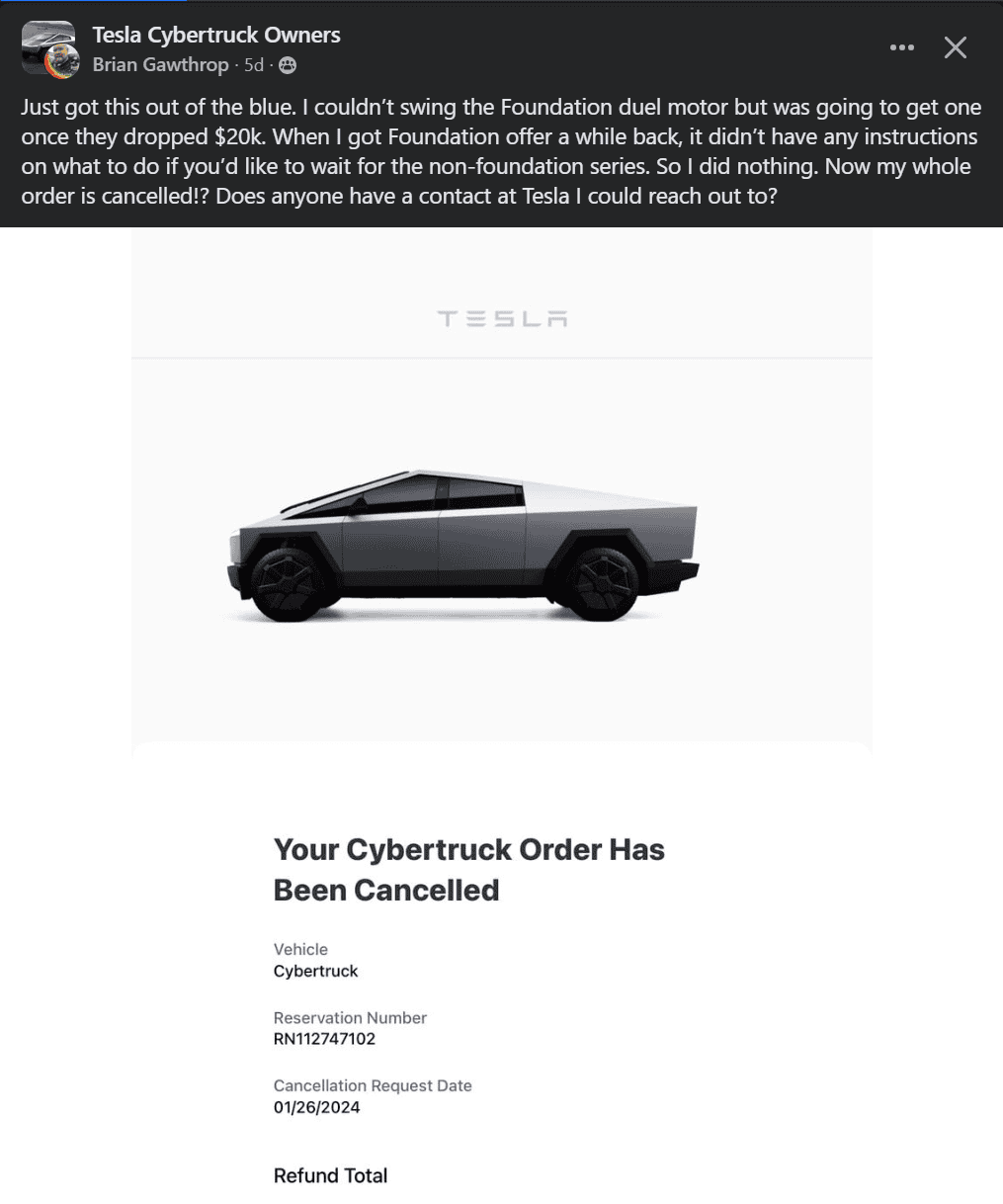 Tesla Cybertruck Update: Selling a Cybertruck reservation may have gotten this person's order invitation cancelled by Tesla 1706801048856