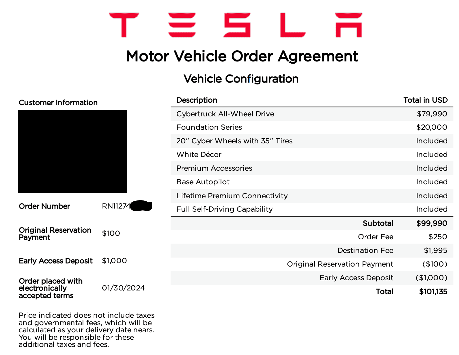 Tesla Cybertruck Nashville, TN - Order Placed Screenshot 2024-02-02 at 9.15.01 AM