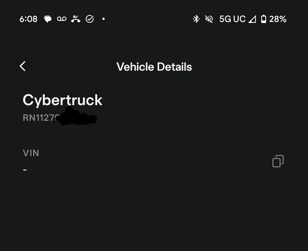 Tesla Cybertruck Was the vin section always visible in app before ordering? UPDATE: Got him! Screenshot_20240209-180801~2