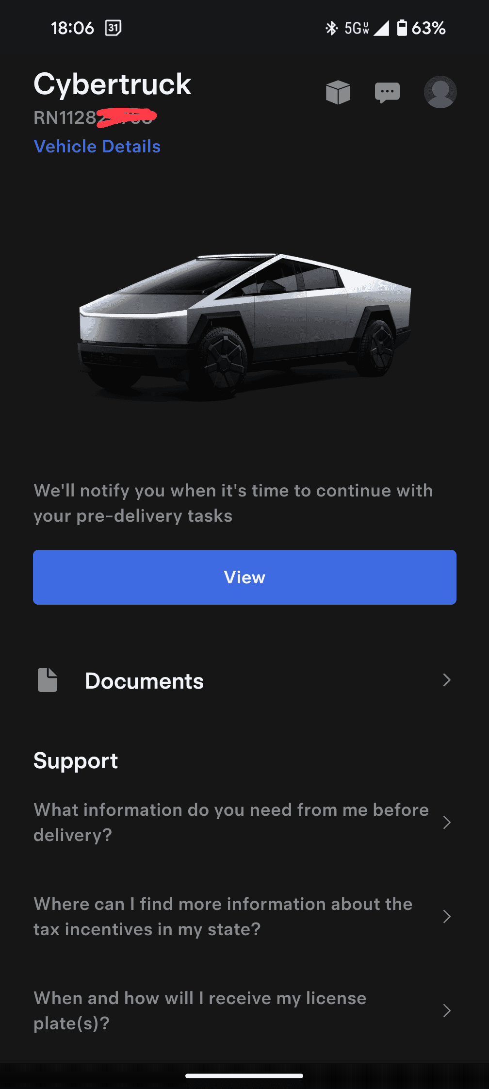 Tesla Cybertruck 16 digit number in Tesla app instead of RN 1000106629