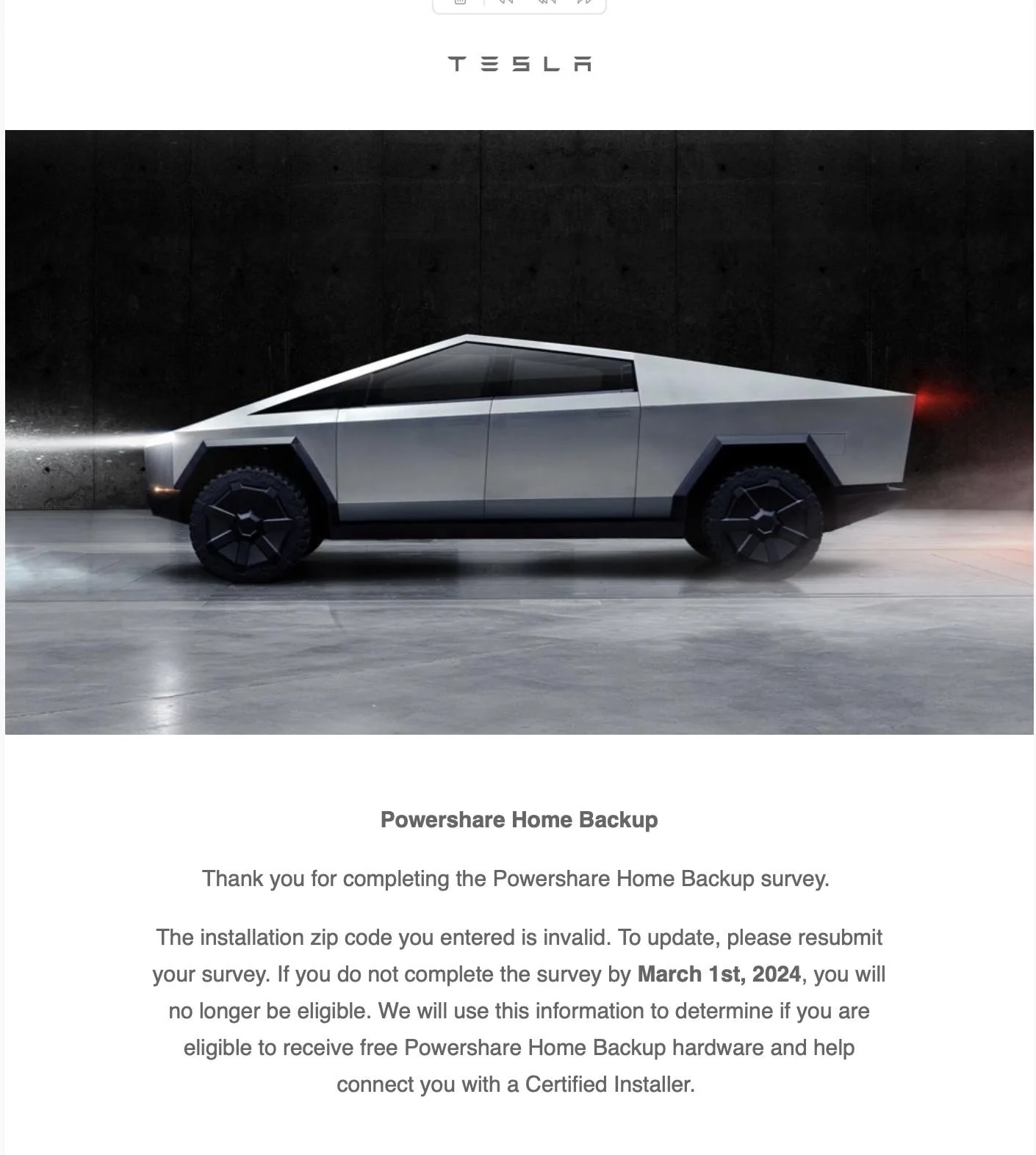 Tesla Cybertruck PowerShare zip code invalid Untitled