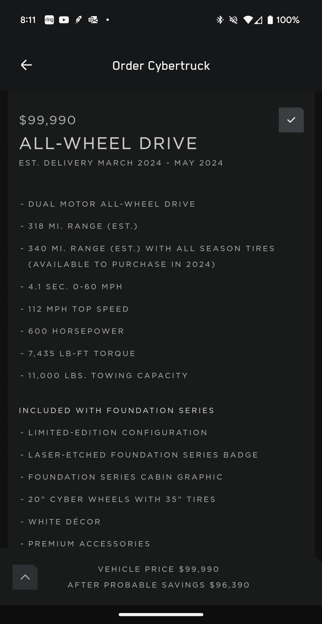 Tesla Cybertruck AWD Foundation Series Estimated Delivery Update Screenshot_20240220-081121