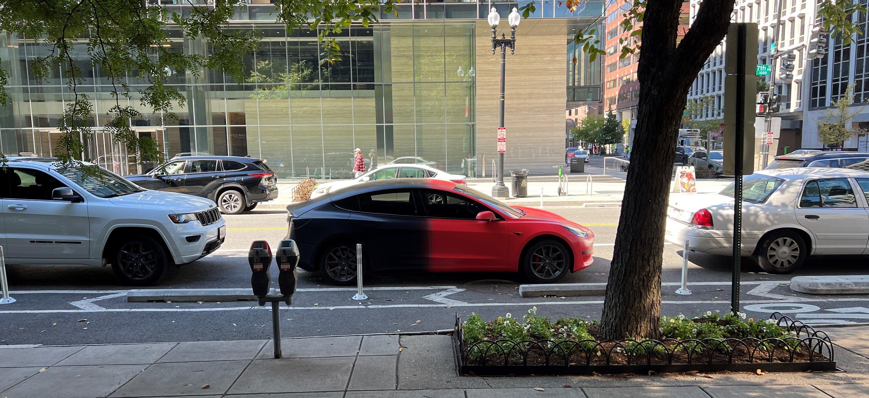 Tesla Cybertruck Red to Black transition wrap on Cybertruck two-color