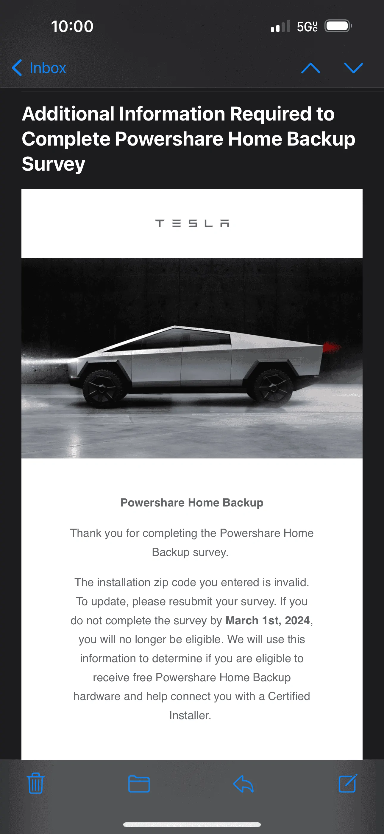 Tesla Cybertruck PowerShare Email, Zip Code Invalid.  Anyone get this? IMG_0019