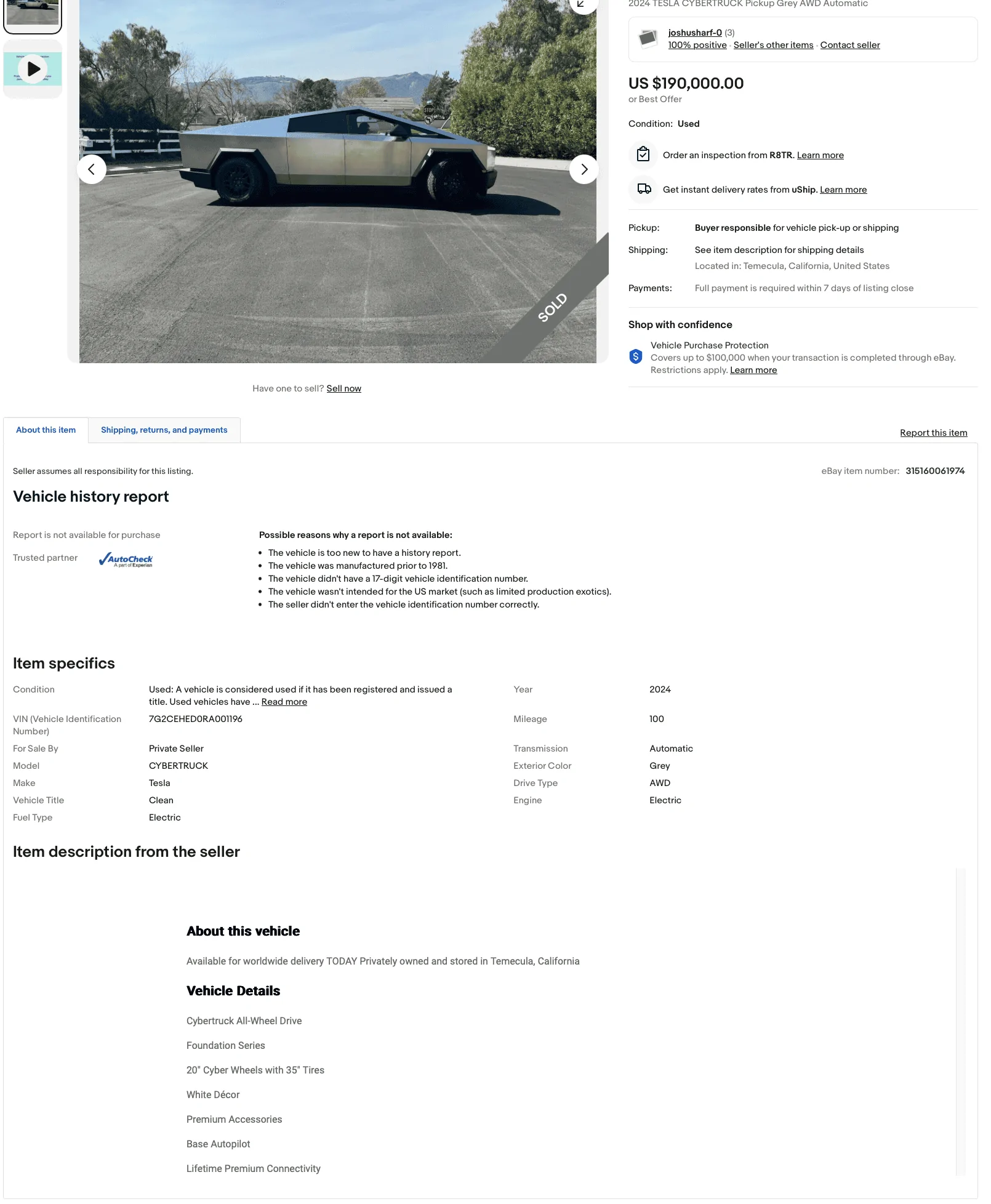Tesla Cybertruck Cybertruck sold on eBay for $190,000 Screenshot 2024-02-21 at 4.08.00 PM