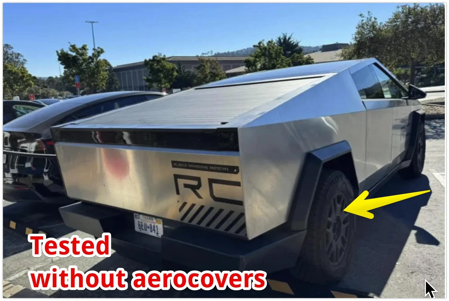 Tesla Cybertruck About that aero cover / tire damage... "Take them off!" Fan footage shows up-close look at major feature of elusive Tesla Cybertruck: ‘Sounds like a 