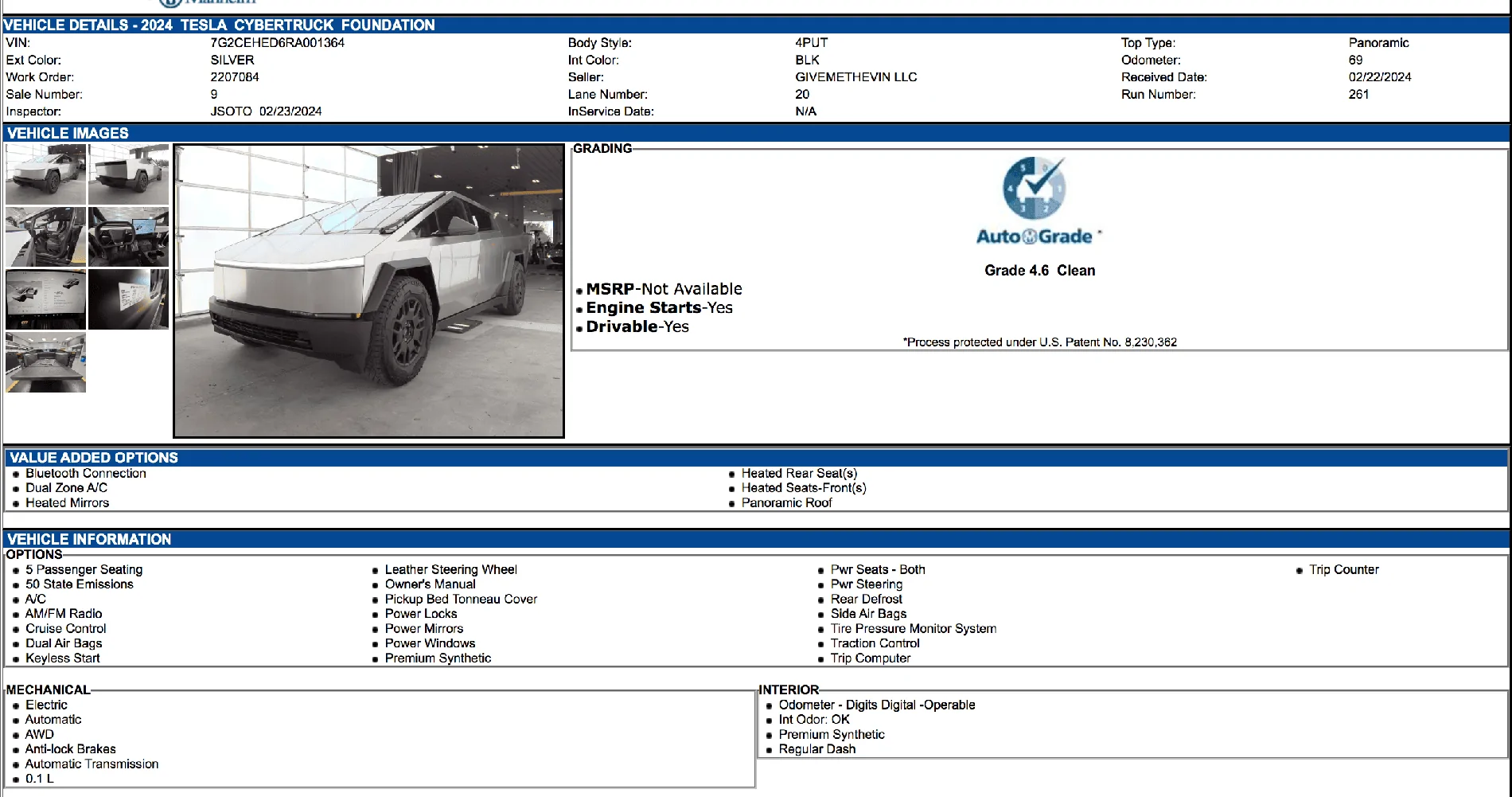 Tesla Cybertruck First Cybertruck at Manhiem wholesale auction Cybertruck CR repport