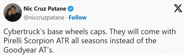 Tesla Cybertruck What tires come on Non Foundation Series CyberTruck? TIER