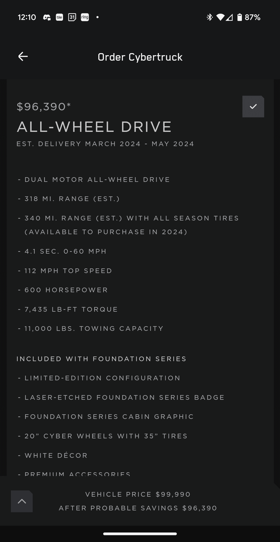 Tesla Cybertruck AWD Foundation Series Estimated Delivery Update Screenshot_20240229-121059