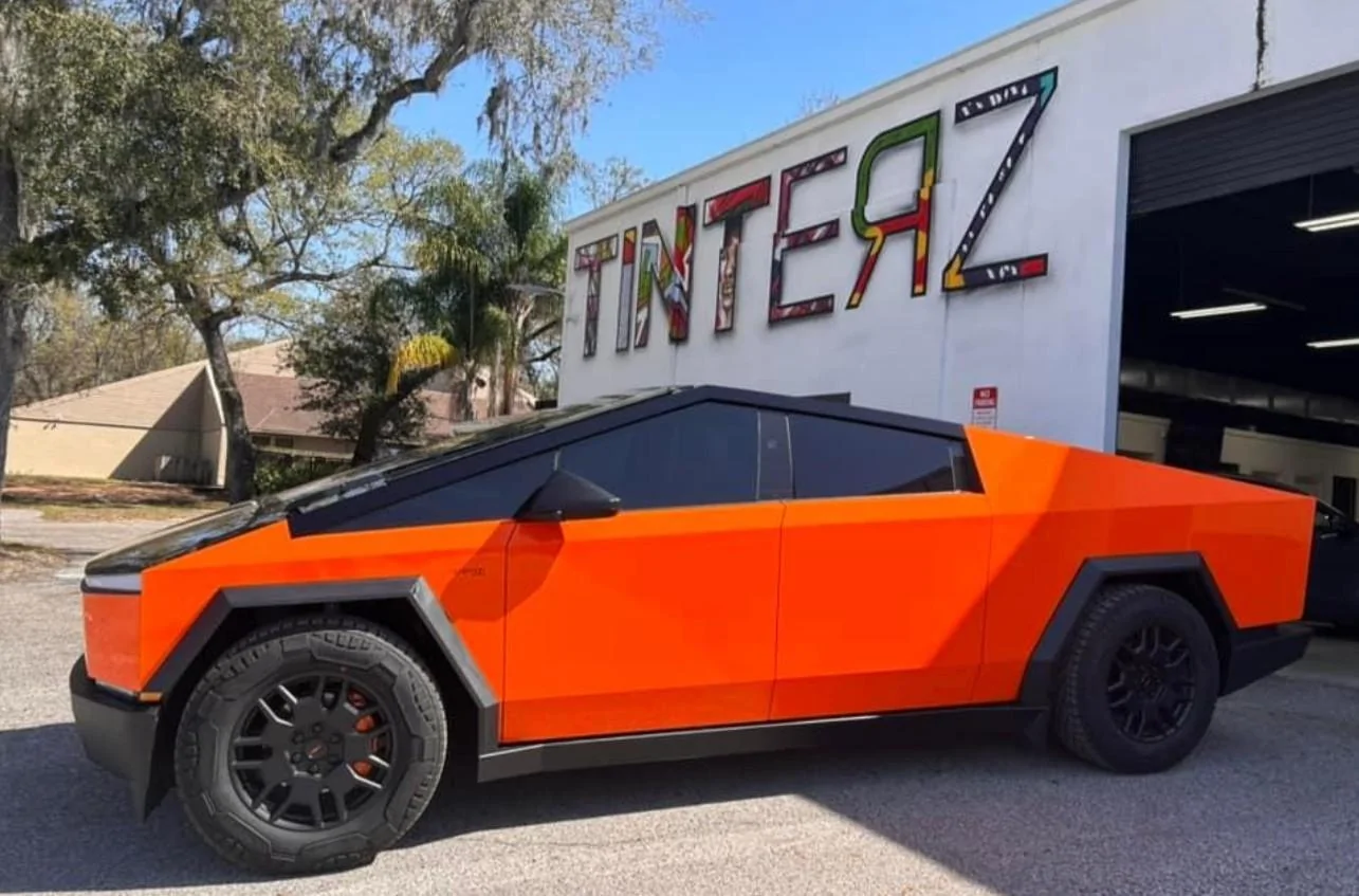 Tesla Cybertruck ORANGE Vinyl Wrap & PPF Cybertruck -- Photos & Videos pillar delete cybertruck vinyl