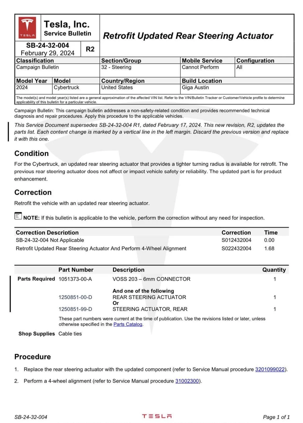 Tesla Cybertruck Service Bulletin: Retrofit Updated Rear Steering Actuator (SB-24-32-004 - 2/29/24) C094C2E7-F0A6-4A99-A417-A80D5B43C46E