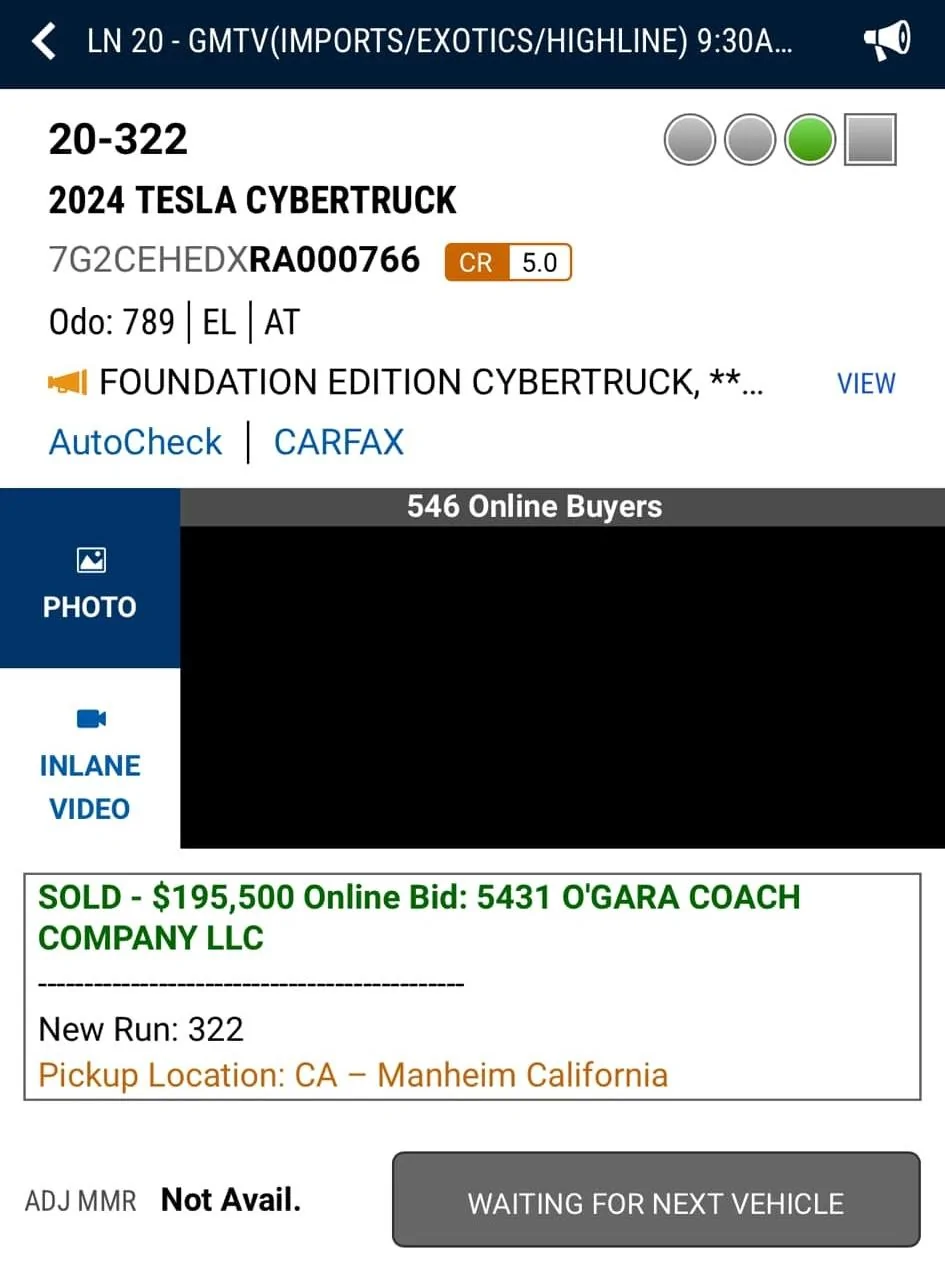 Tesla Cybertruck Cybertruck sold today at Manheim auction for $195K (on 3/6/24) 419071240_10161281000423421_4062779330090203041_n (1)