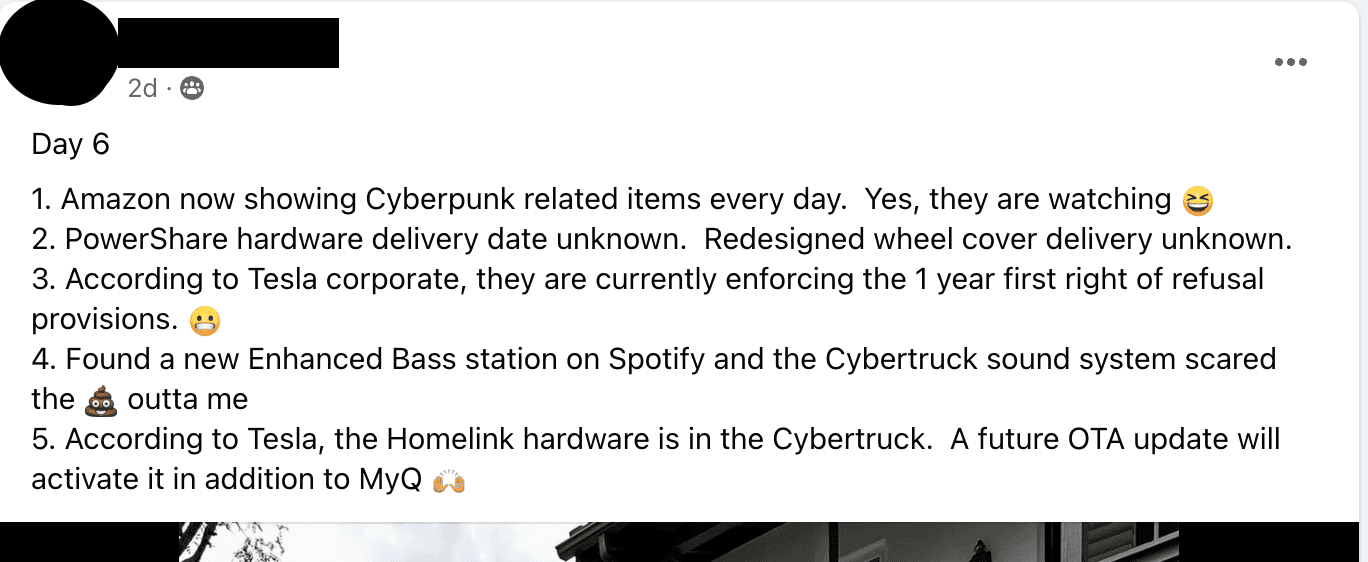 Tesla Cybertruck Rumor: Homelink to be activated in future OTA software update (found on Facebook post) Screenshot 2024-03-09 at 1.05.37 PM