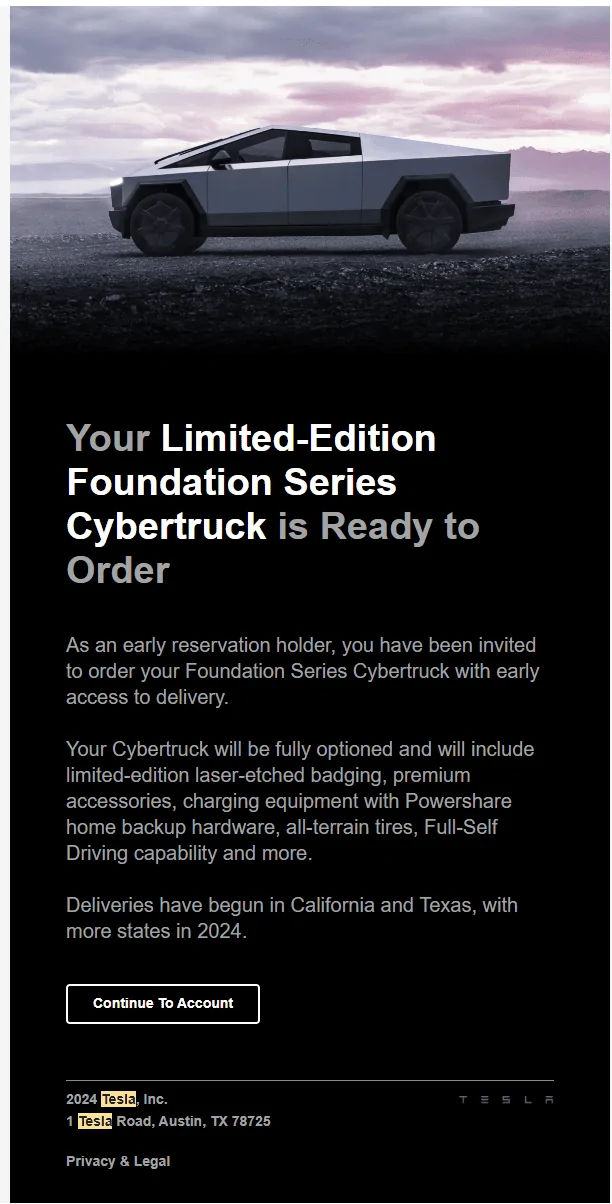 Tesla Cybertruck Early delivery of Foundation Series Cybertruck now available to long-term verified TSLA shareholder! 1710265816724-od