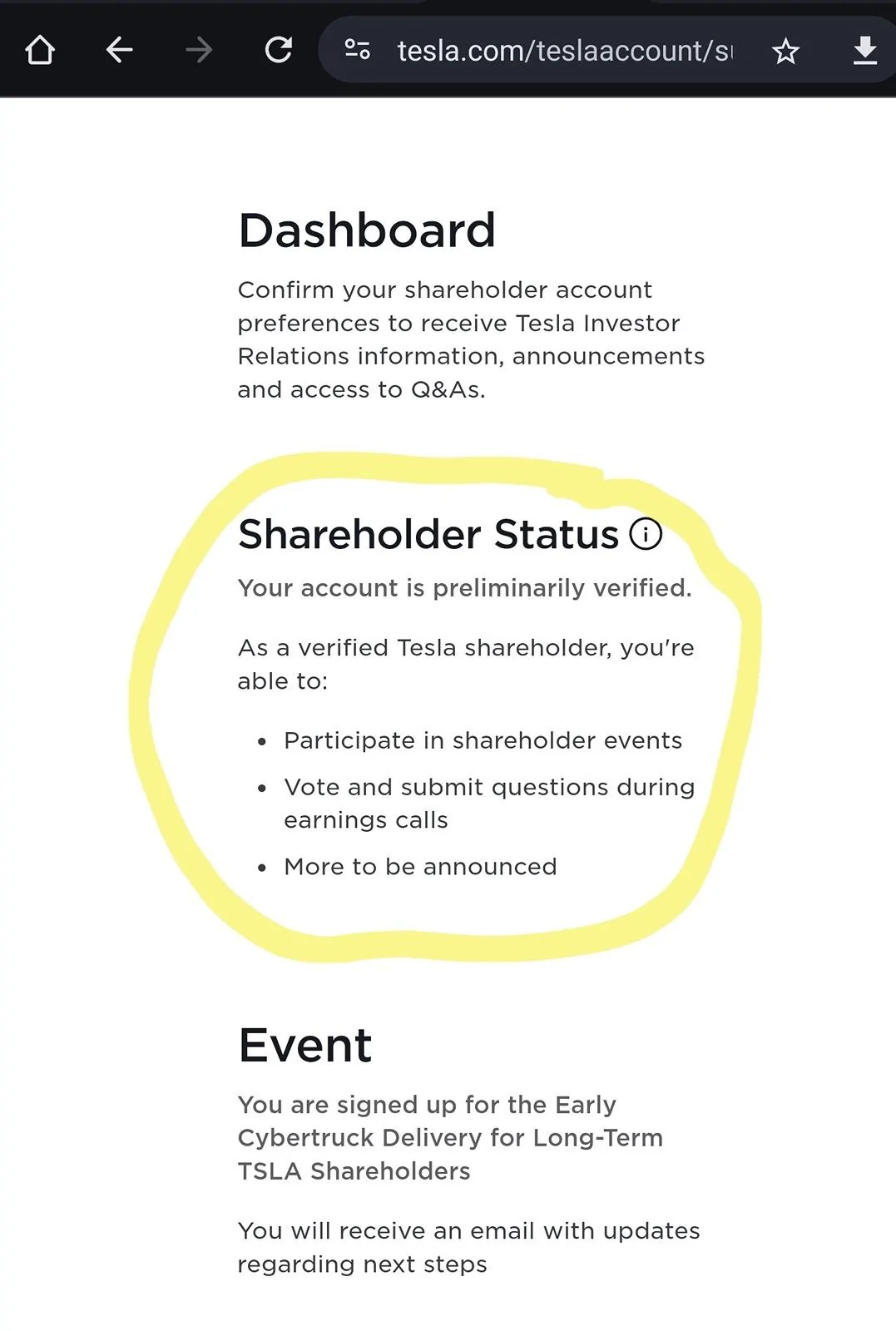 Tesla Cybertruck Early delivery of Foundation Series Cybertruck now available to long-term verified TSLA shareholder! Screenshot_20240312_133005_Chrom