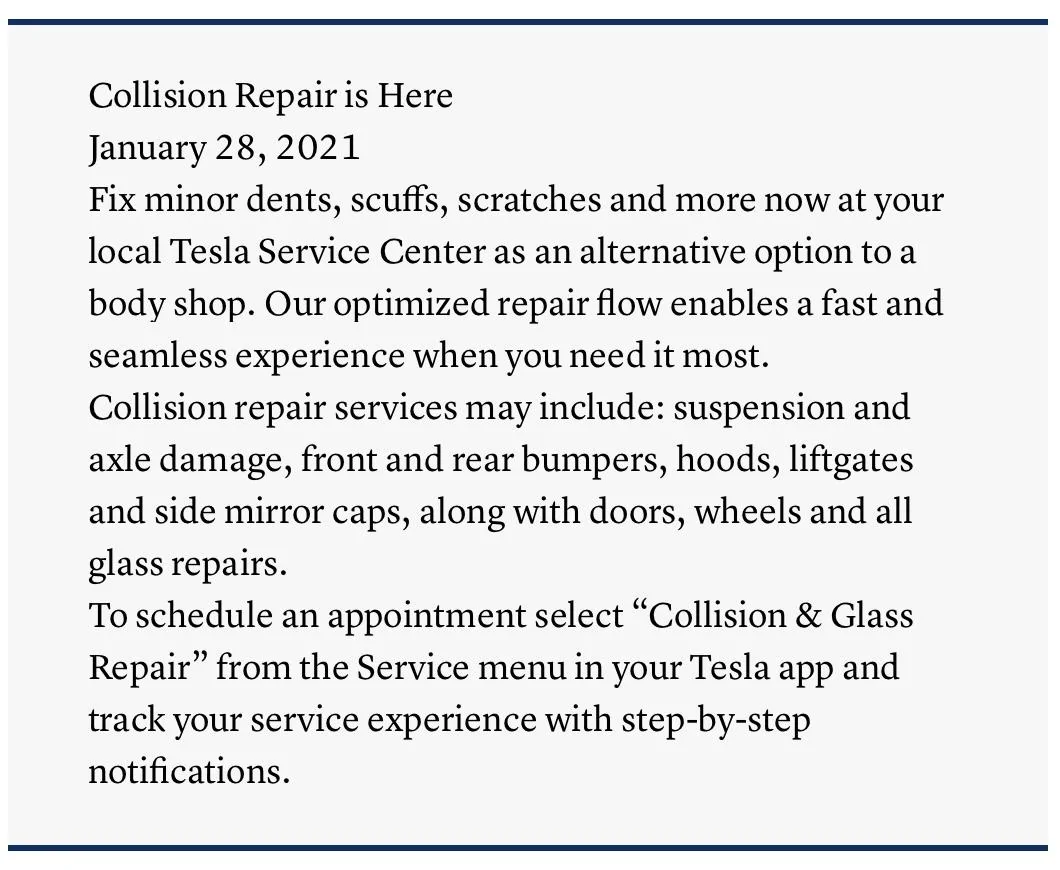 Tesla Cybertruck Tesla now offering collision repairs in service centers Screen Shot 2021-02-01 at 7.24.18 AM