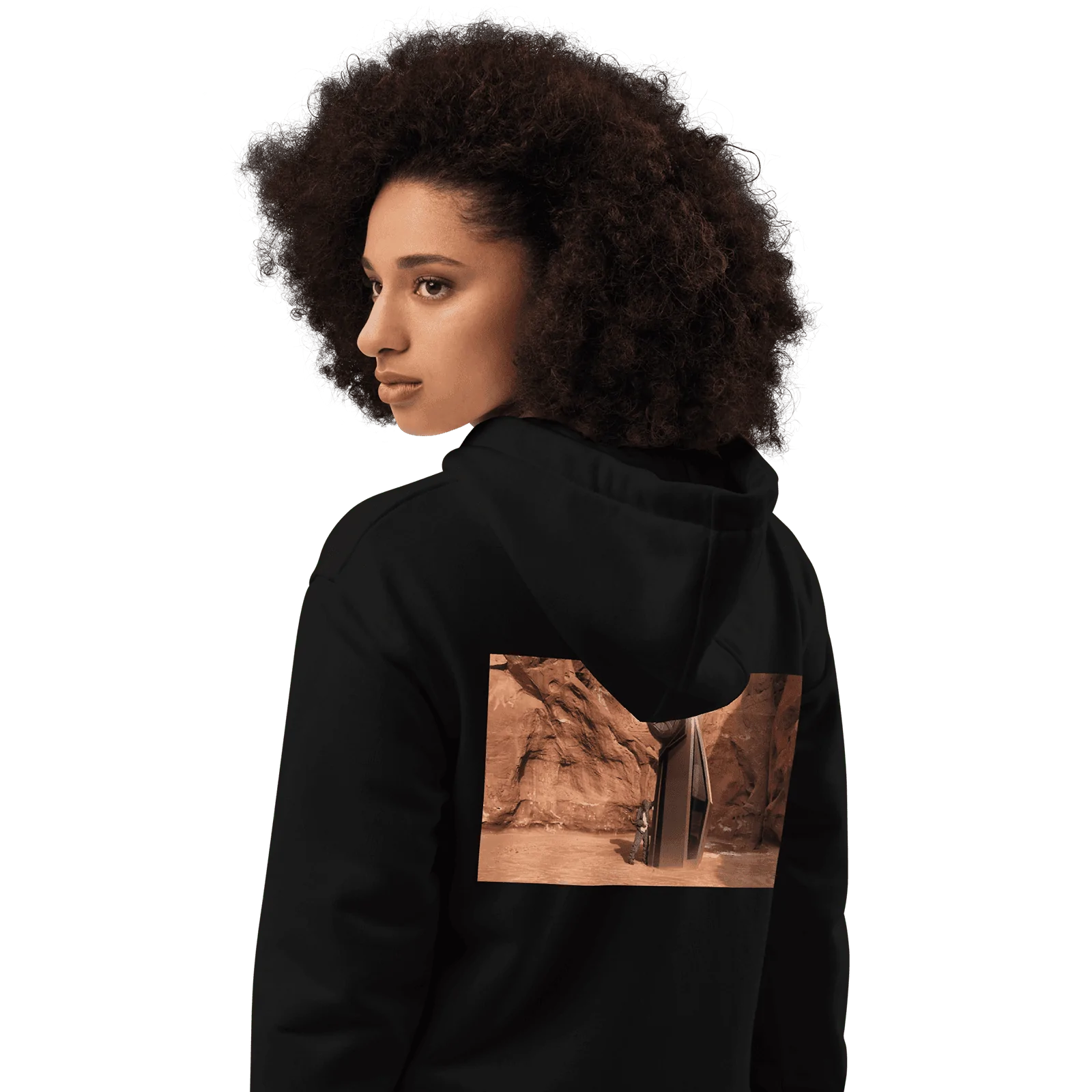 Tesla Cybertruck Mysterious monolith appears in desert, baffling locals (Official Cybetruck Tweet) premium-eco-hoodie-black-back-2-65f1e818bd737