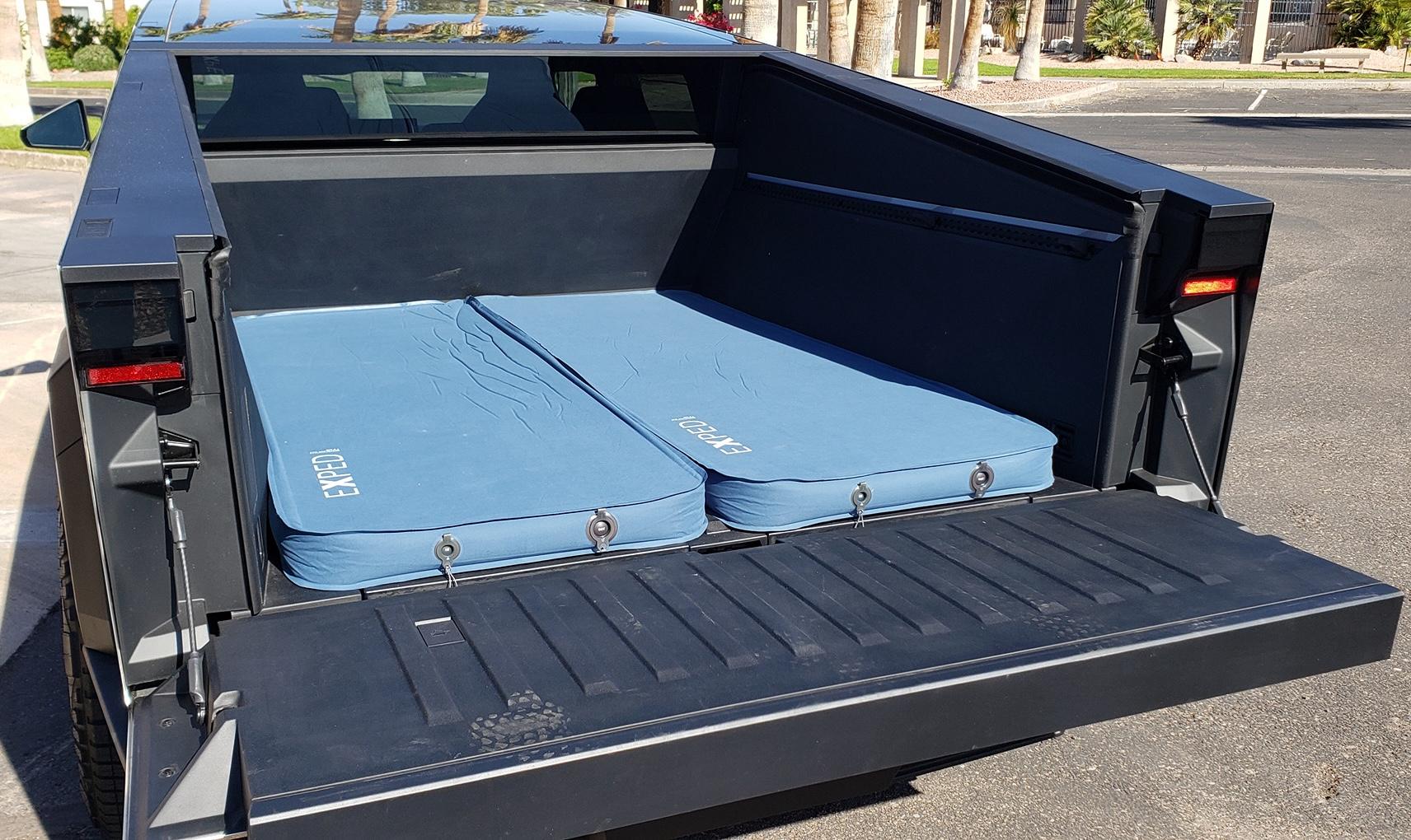Tesla Cybertruck Cybertruck bed mattress solution - EXPED 72"x25.6"x3" air mattresses + BougeRV 2900 BTU heat pump CybertruckAirMattress