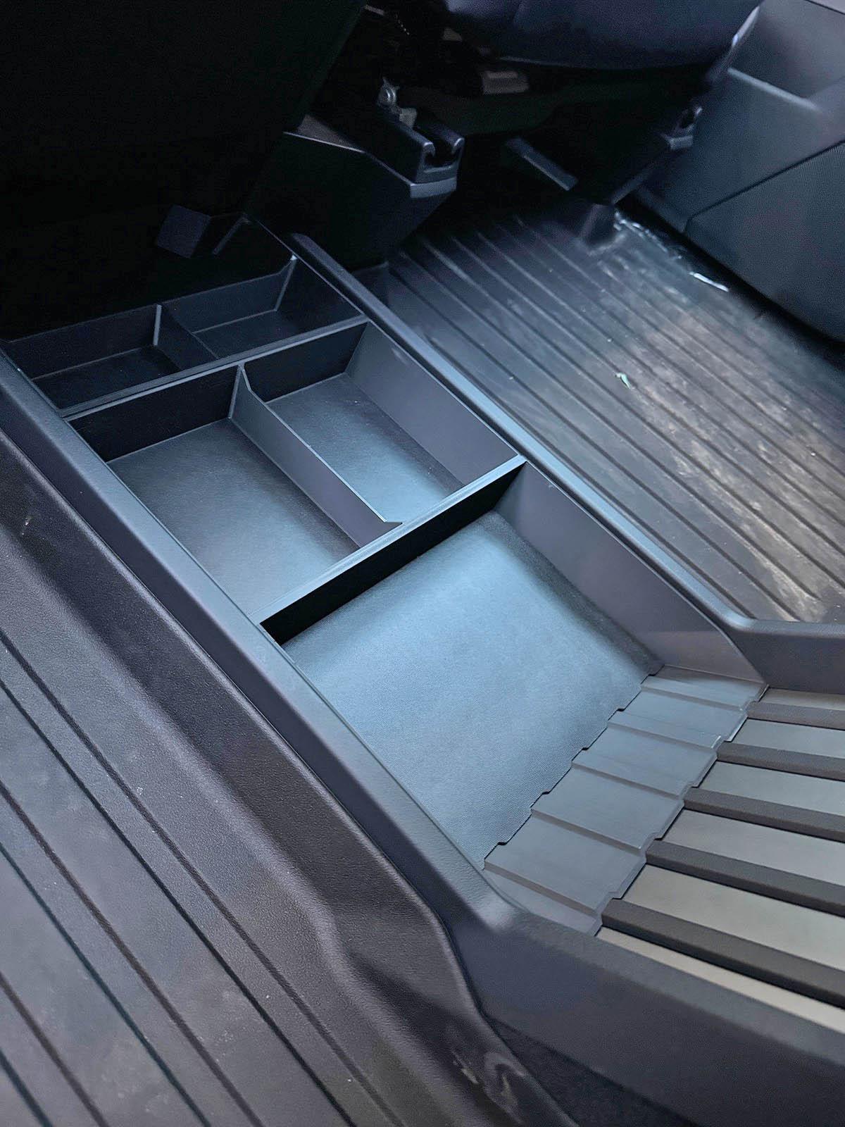 Tesla Cybertruck TWRAPS Floor Storage Organizer / Lower Center Console Tray installed photos IMG_1164